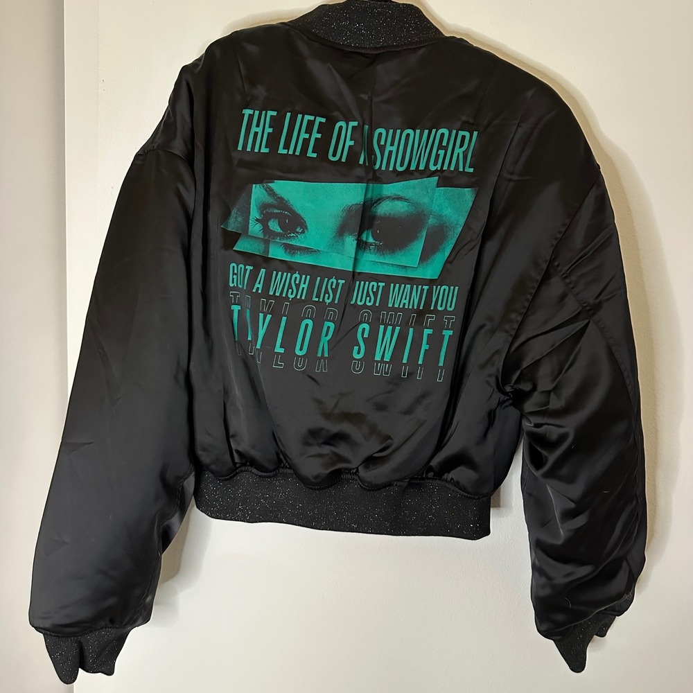 NWOT Taylor Swift TLOAS Wish List Embroidered Satin Black Bomber Jacket Size M - Picture 2 of 6